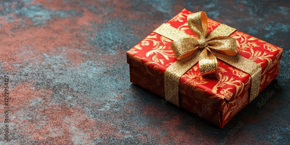 Poster Gift box with gold ribbon on textured surface showcasing luxury and elegance with ample empty space for personalized text or messages