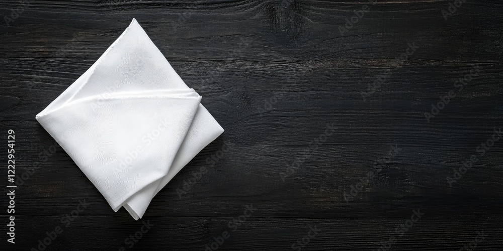 Poster Elegant white napkin elegantly folded on a dark wooden table creating a minimalist dining setting with ample copy space for text.