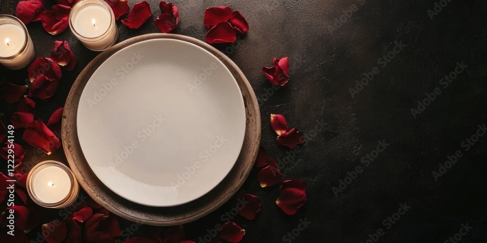 Aufkleber romantic dinner table setting with white plate candles and fresh rose petals on dark background with
