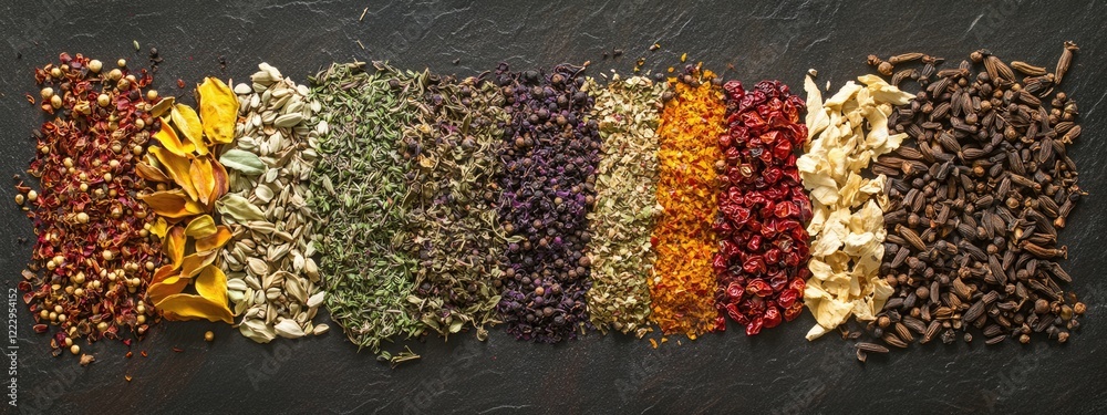 Poster colorful dried spices and herbs arranged on a dark background with ample copy space for culinary or 