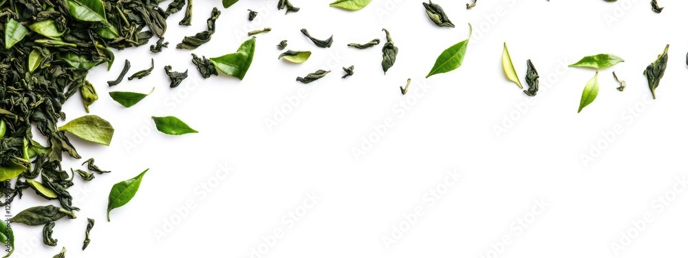 Aufkleber Dried green tea leaves on a white background creating a natural frame with ample space for text and design elements.