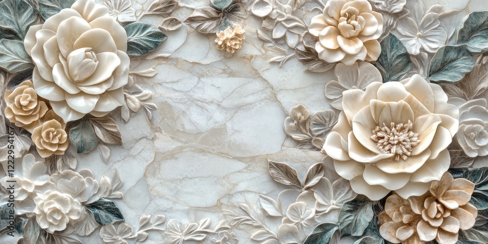 Poster elegant marble floral tile design in art deco style with intricate flowers and leaves, featuring emp