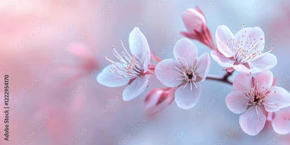 Poster soft pastel floral arrangement with cherry blossoms on a gentle background providing ample negative 