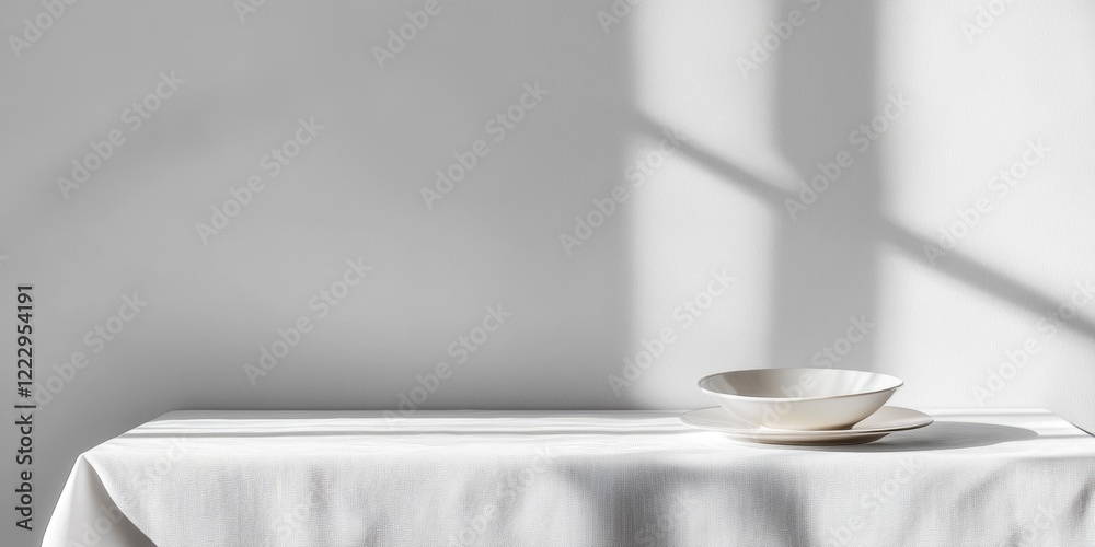 Poster elegant dining table with white tablecloth and minimalist dishware creating a serene atmosphere for 
