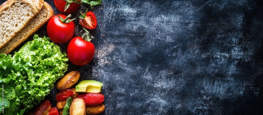 Aufkleber healthy school lunch options with fresh vegetables and bread on dark background blank space for text