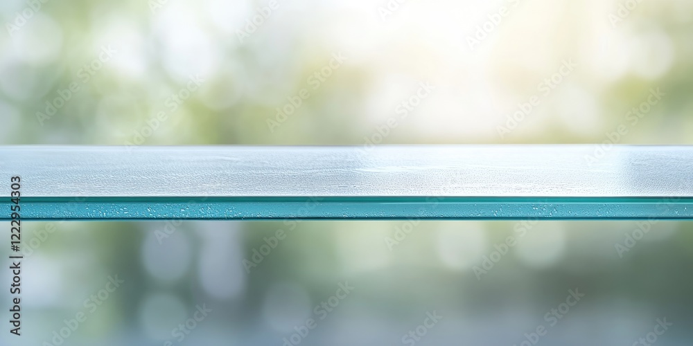 Poster Elegant glass shelf with vertical texture showcasing soft blurred background and ample empty space for creative text placement