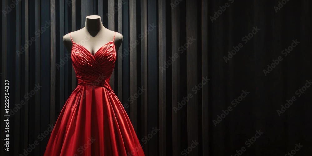 Poster elegant red evening gown on mannequin in retail display with dark striped background and ample space
