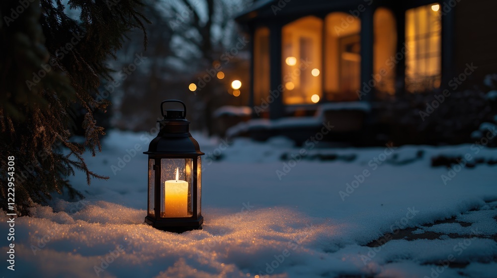 Aufkleber candlelit winter scene in snowy backyard with blurred home background warm atmosphere featuring spac