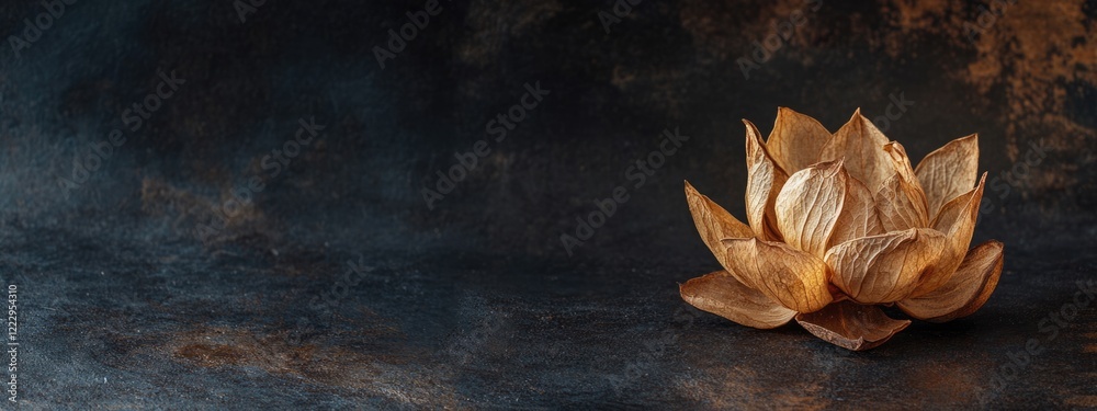 Poster dried lotus flower on dark background with copy space for text in elegant and serene composition