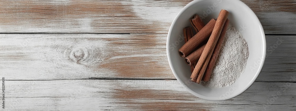 Aufkleber dried cinnamon sticks and powder in a bowl on a wooden surface with space for text in a warm and rus