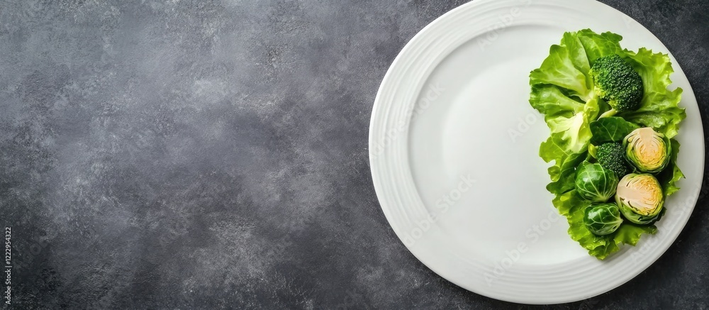 Aufkleber fresh salad on a white plate with lettuce, brussels sprouts, and broccoli against a gray slate backg