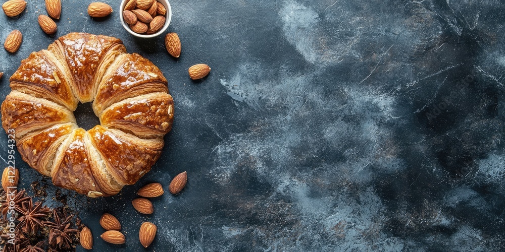Aufkleber elegant french almond croissant surrounded by almonds on a dark marble background with empty space f