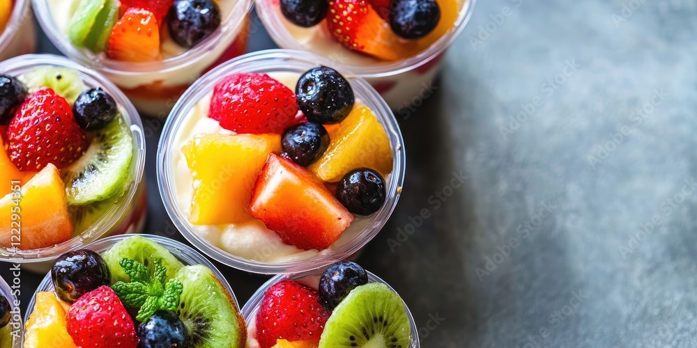 Poster elegant fruit desserts in transparent cups at a gathering with ample copy space for promotional text