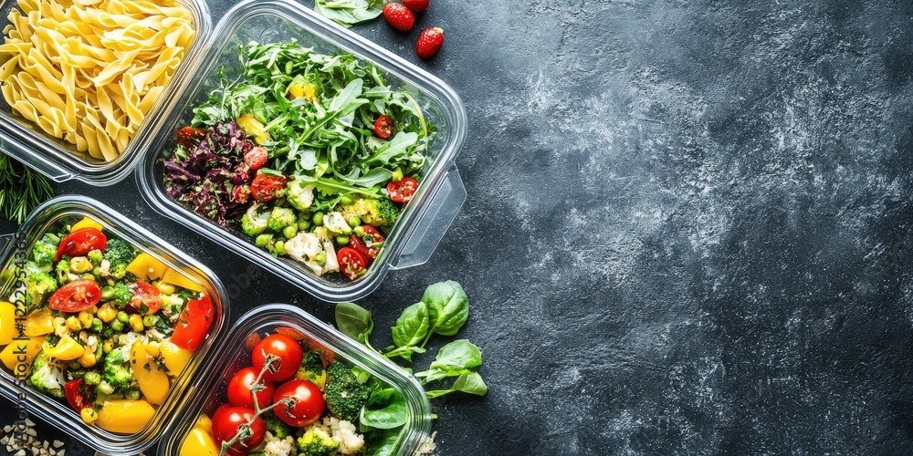 Poster Gourmet meal kit with colorful salads and pasta in elegant containers on dark surface with empty copy space for text and fresh ingredients