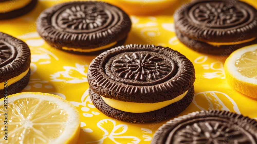 Aufkleber Festive chocolate cookies with lemon filling on vibrant background creative dessert display with empty space for text and festive decorations