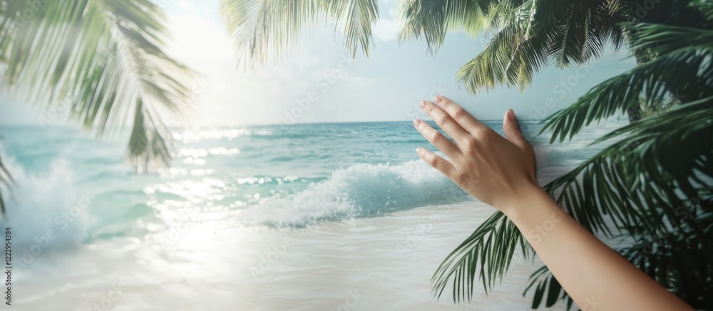 Poster tropical beach scene mockup with hand touching wall display clear copy space for interior design ins