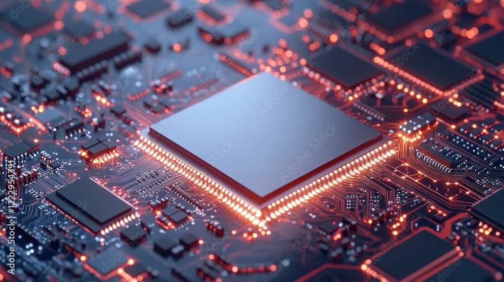 Leinwandbilder futuristic electronic circuit board with glowing components and empty space for ai technology text o
