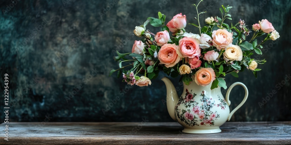 Aufkleber Elegant floral arrangement with pastel roses in a vintage teapot on wooden table with textured background and empty space for text.