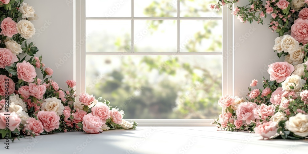 Leinwandbilder Elegant floral window adorned with blooming roses and fresh greenery creating a serene atmosphere with ample space for text overlay