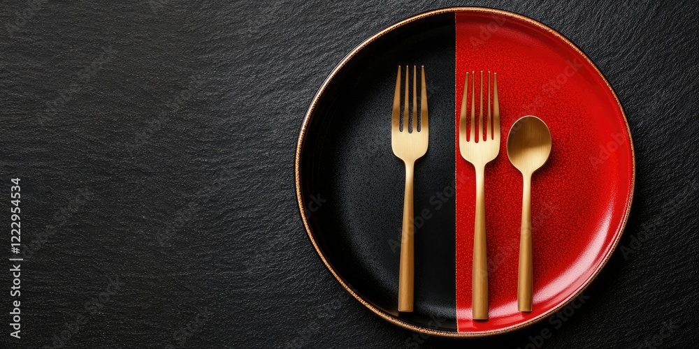 Aufkleber Elegant dining setup featuring brown forks and a two-tone black and red plate with ample empty space for text or branding.