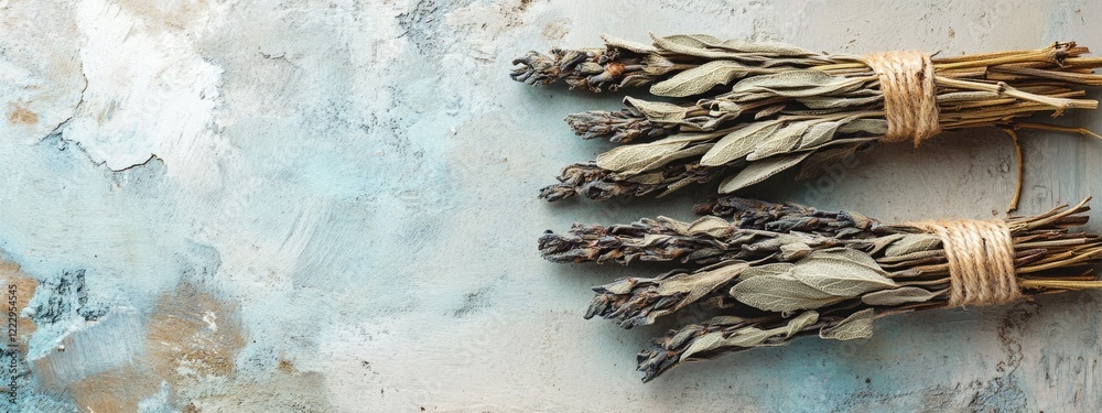 Aufkleber dried sage twigs arrangement for natural aroma with space for custom text background