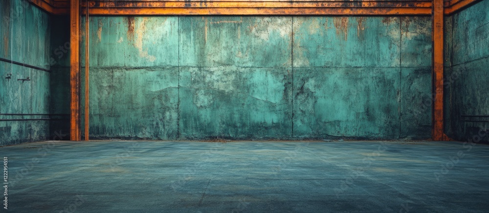 Aufkleber desolate abandoned warehouse with cracked turquoise wall and orange highlights featuring rough textu