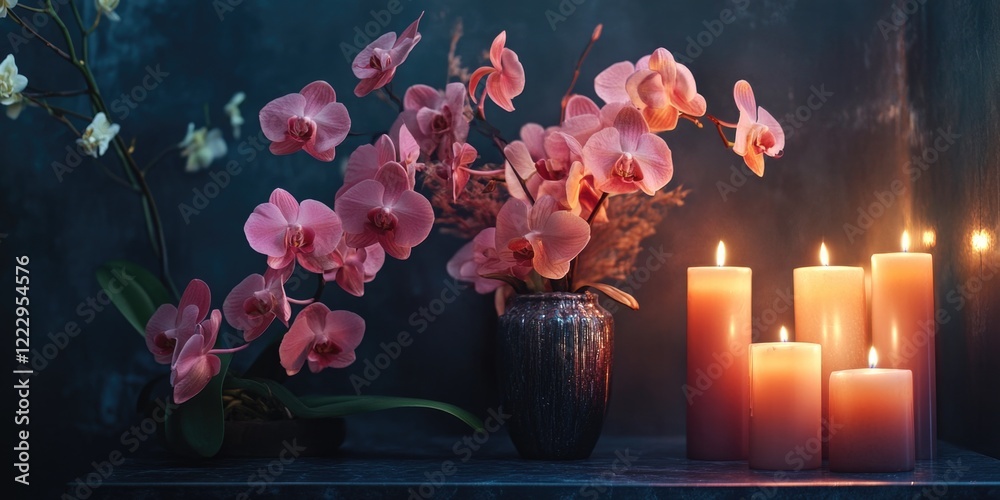 Poster Serene arrangement of pink orchids beside lit candles in soft lighting with ample space for personalized text or messages