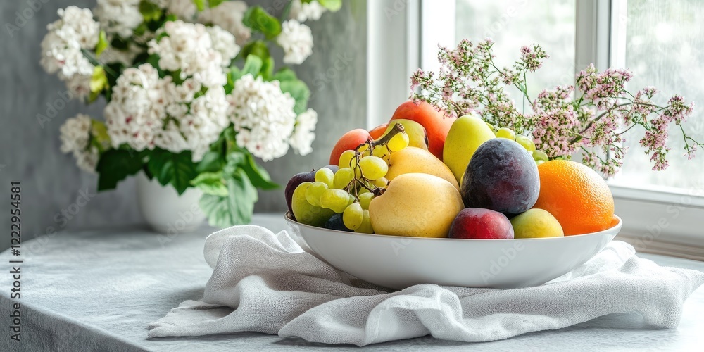 Poster Elegant fruit bowl on a stylish breakfast table with fresh flowers and empty copy space for text in natural light setting
