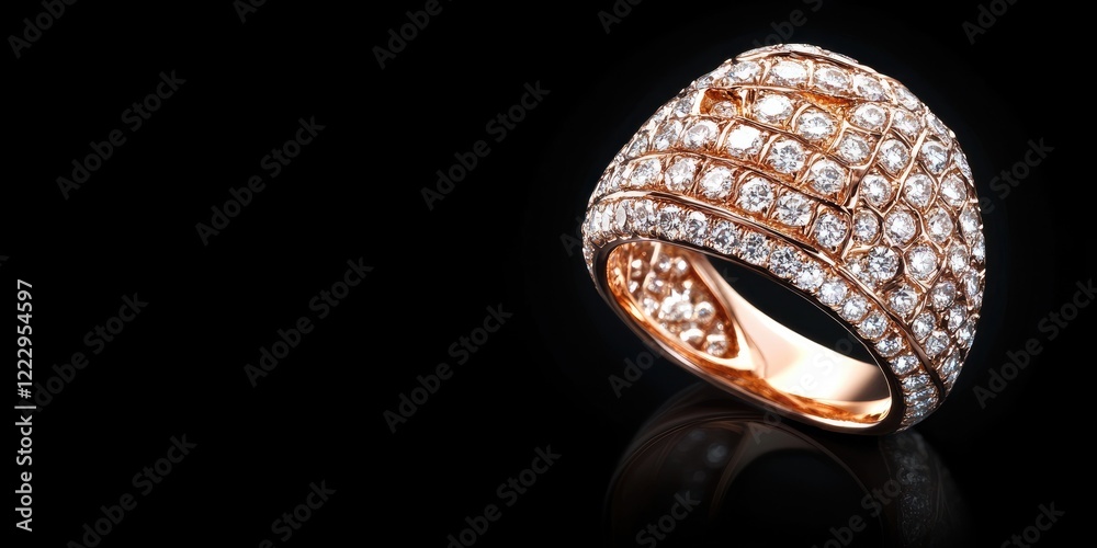 Poster Elegant rose gold diamond ring on black background with ample space for text or branding messages