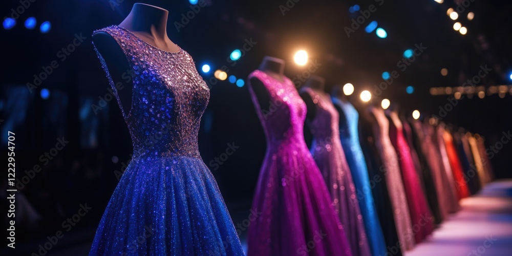 Poster elegant evening gowns showcased in a glamorous runway setting with ample space for promotional text 