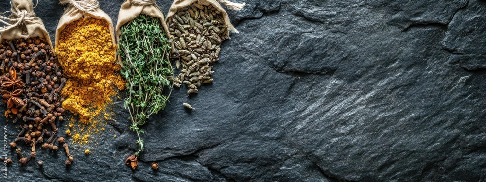Poster dried herbs and spices in burlap bags on black stone surface with ample copy space for culinary text