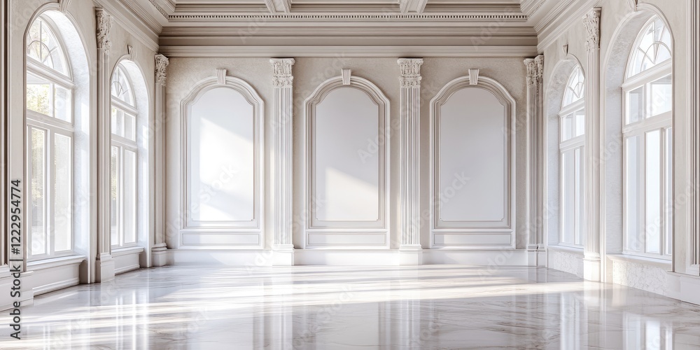 Poster serene elegant gallery interior showcasing european architectural design with ample copy space for t