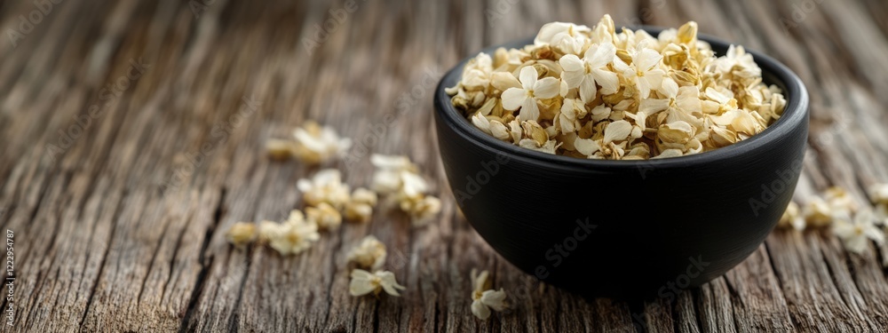Poster dried jasmine flowers in black bowl on rustic wooden table with ample copy space for text or brandin