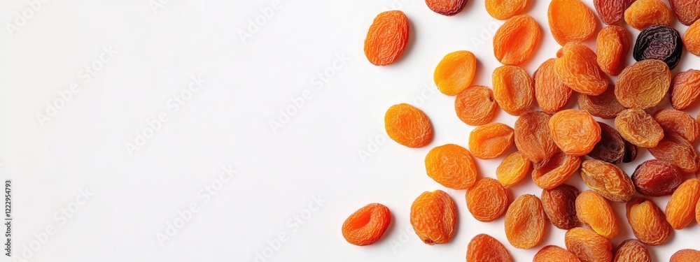Poster Dried apricots scattered on a clean white background with ample empty space for text or design elements. Perfect for food marketing materials.