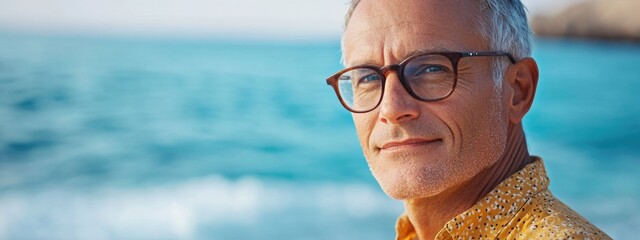Elderly man with glasses enjoying a serene beach view with space for text in a coastal setting on a sunny day