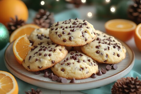 Chocolate chip cookies arranged on a plate with orange slices Festive holiday treat