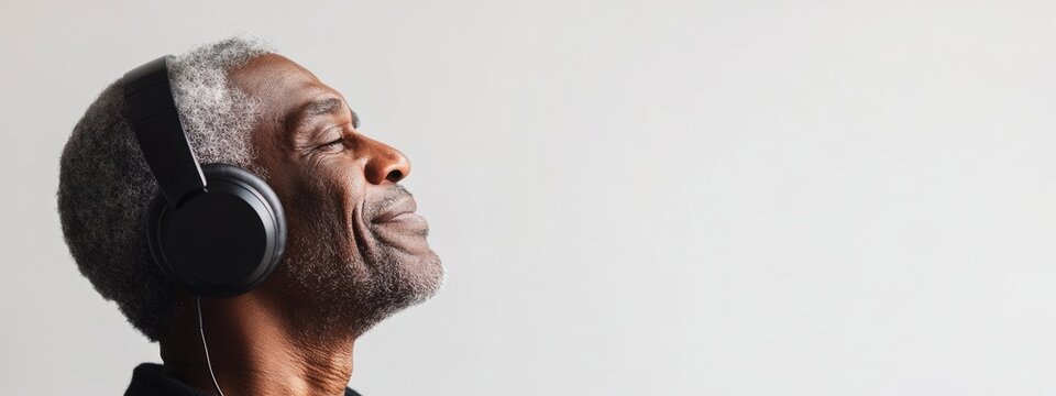 Elderly African American man enjoying music with headphones against a white background and ample copy space for text or branding