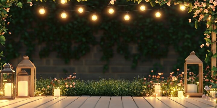 Elegant Garden Party Setting with Lanterns String Lights and Floral Accents Ideal for Event Promotions or Invitations