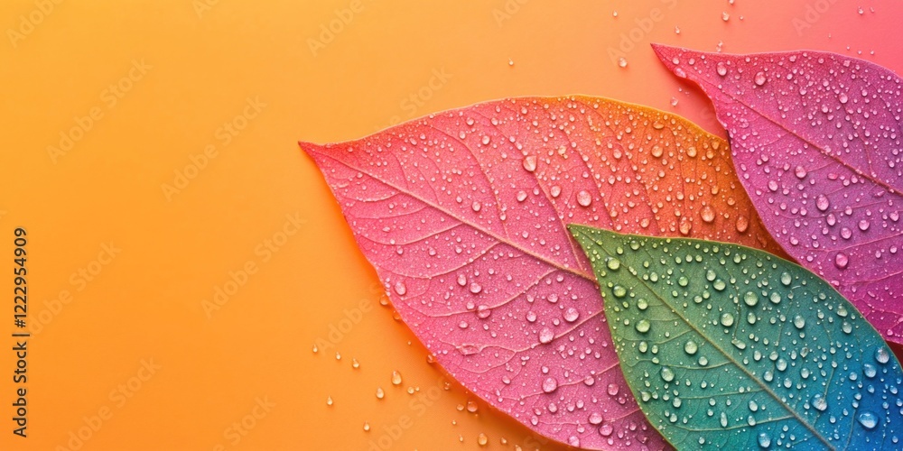 Poster Colorful leaves with droplets on a vibrant background ideal for seasonal nature themes and text placement in creative projects