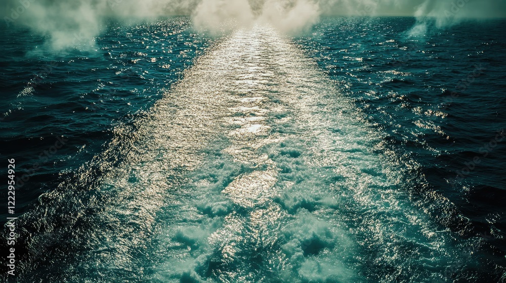 Poster serene ocean view with sunlit water path leading to distant oil platform amidst mist and steam in op