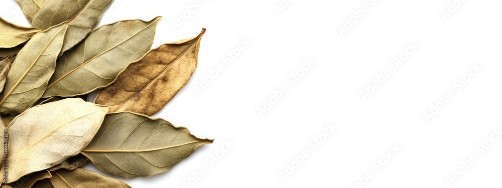 Poster Dried bay leaves arranged on a white background with ample copy space for text or design elements in culinary themes.