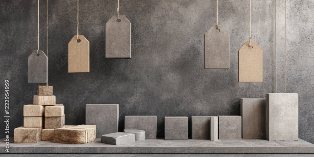 Poster Stylish Arrangement of Concrete Blocks and Hanging Tags with Space for Text in a Modern Presentation Setting