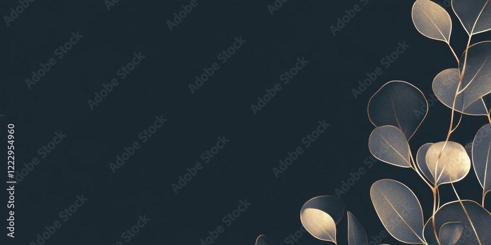 Aufkleber Elegant eucalyptus leaves with golden outlines and dark background creating a sophisticated space for customization and text placement.