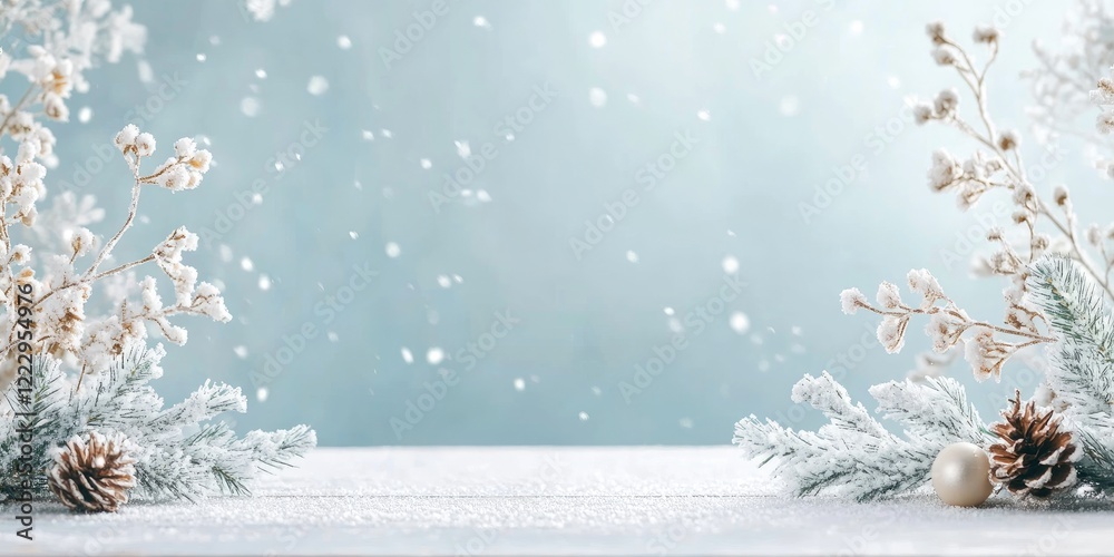 Poster winter-themed dining table elegantly arranged with snow accents and copy space for seasonal text or 