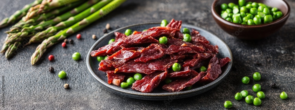Poster Dried meat with asparagus and fresh spring peas on a dark table featuring empty space for text or branding placement
