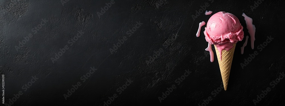 Aufkleber Melting pink ice cream dripping from a cone on black background with empty space for text or branding purposes