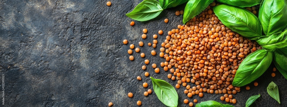 Poster Dried Italian lentils with fresh basil leaves arranged on a textured surface and empty space for adding text or captions