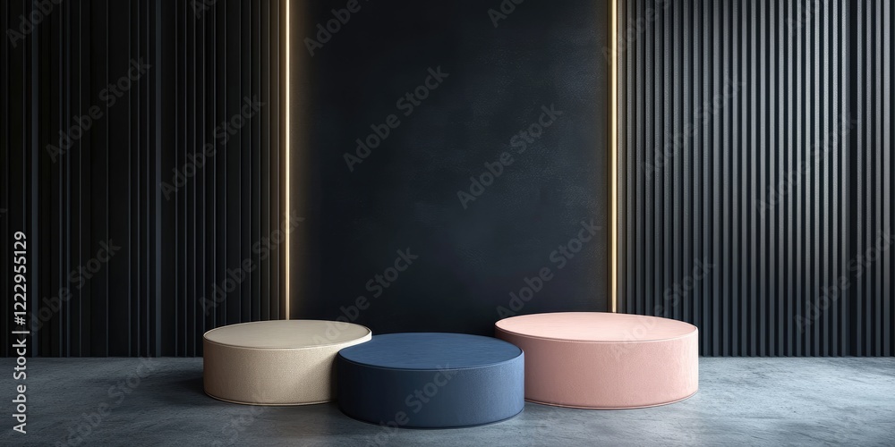 Poster Elegant dark studio backdrop featuring circular podiums in neutral tones, designed for showcasing products or text with ample copy space.