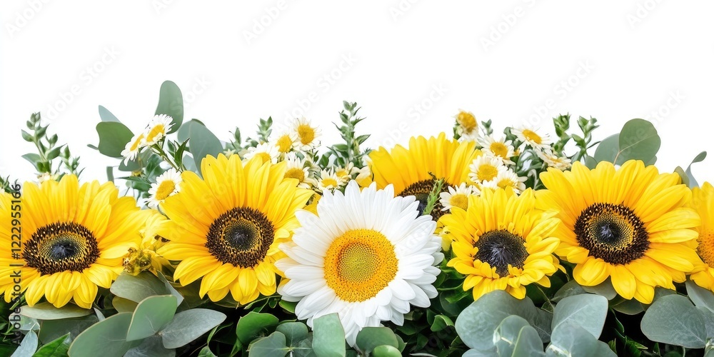 Poster vibrant floral composition featuring sunflowers and daisies on a white backdrop perfect for text pla
