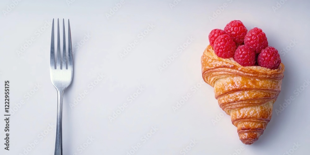 Aufkleber Fresh raspberry croissant on a plain background with a fork providing ample copy space for food-related text or promotions
